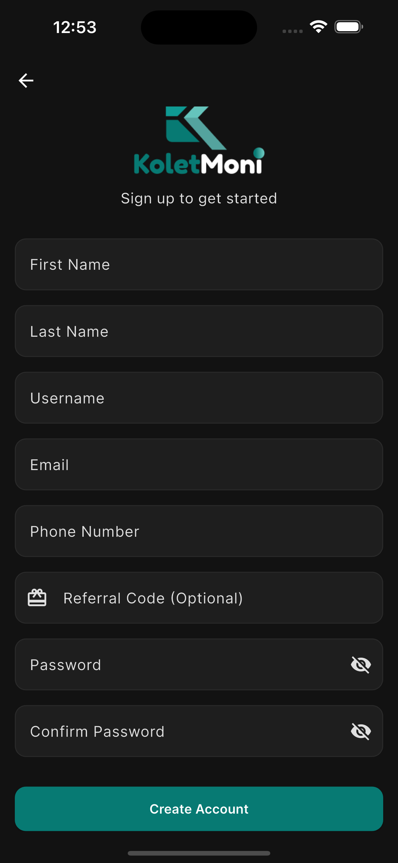 KoletMoni Signup Screen